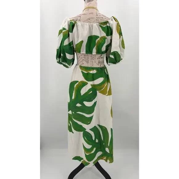 B47 Farm Rio Monstera Midi Knot Dress Womens Medium Linen Blend Cutout  Tropical